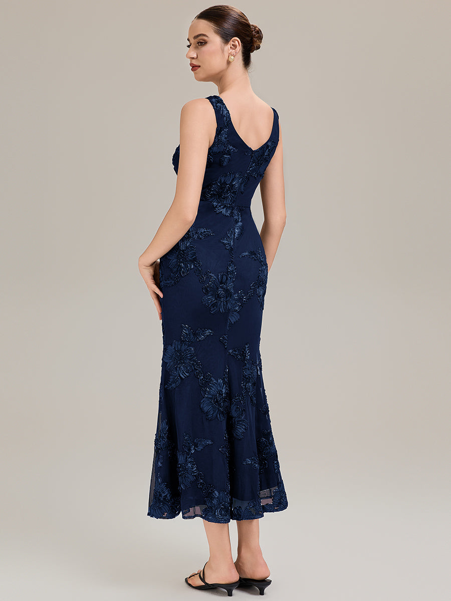 Color=Navy Blue | Custom Made Sleeveless Deep V-Neck Fishtail High Stretch Midi Evening Dresses-Navy Blue 16