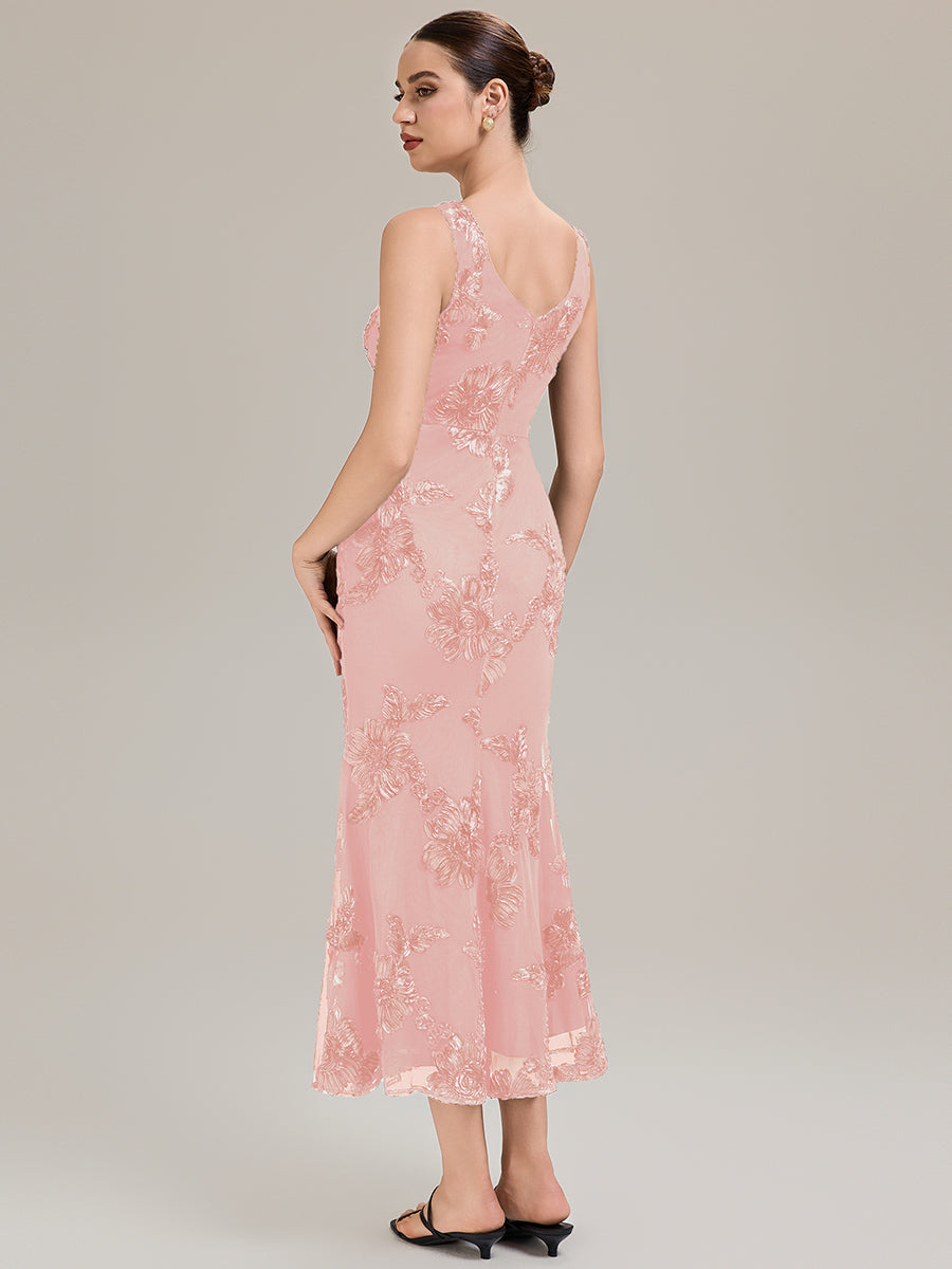 Color=Pink | Custom Made Sleeveless Deep V-Neck Fishtail High Stretch Midi Evening Dresses-Pink 19