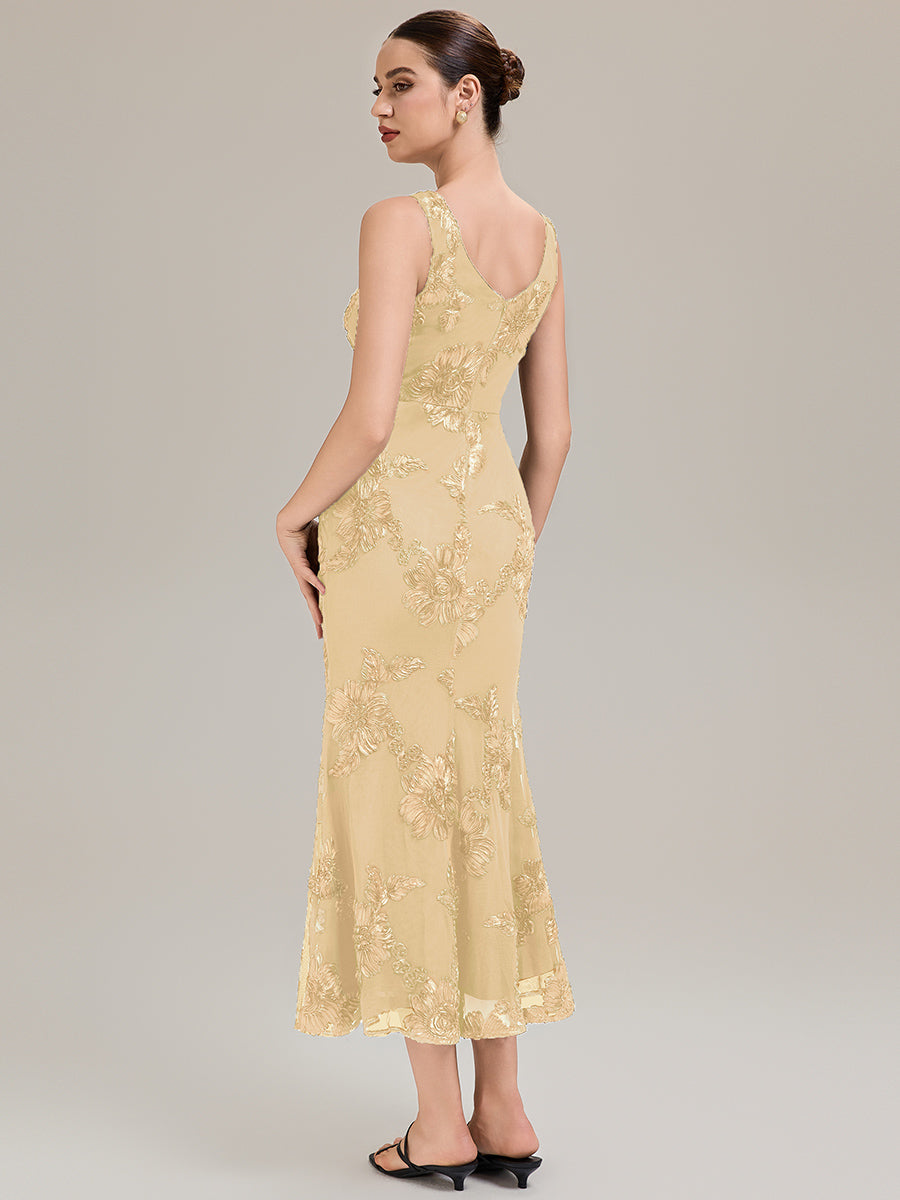 Color=Yellow | Custom Made Sleeveless Deep V-Neck Fishtail High Stretch Midi Evening Dresses-Yellow 22