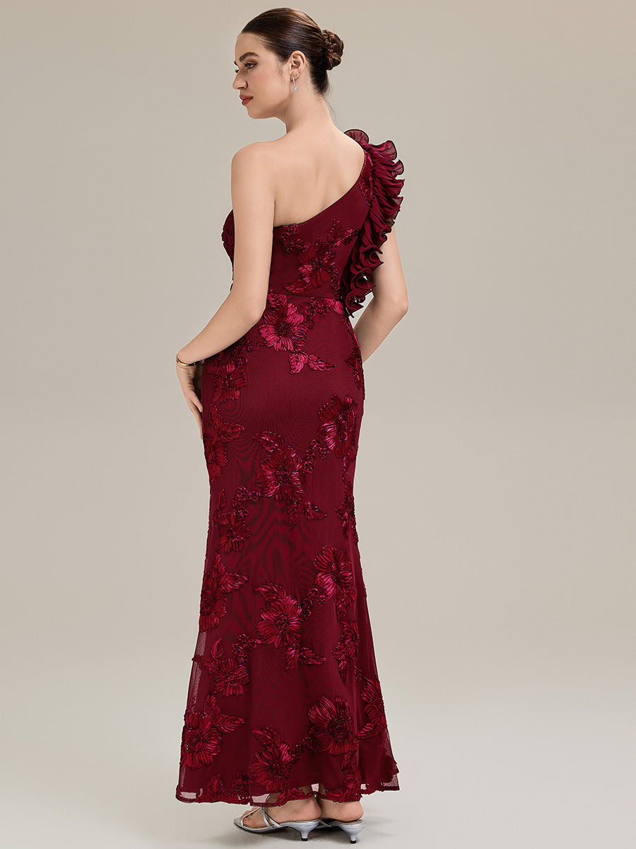 Color=Burgundy | Custom Made One Shoulder Sleeveless Floral Jacquard Fishtail Evening Dresses-Burgundy 2