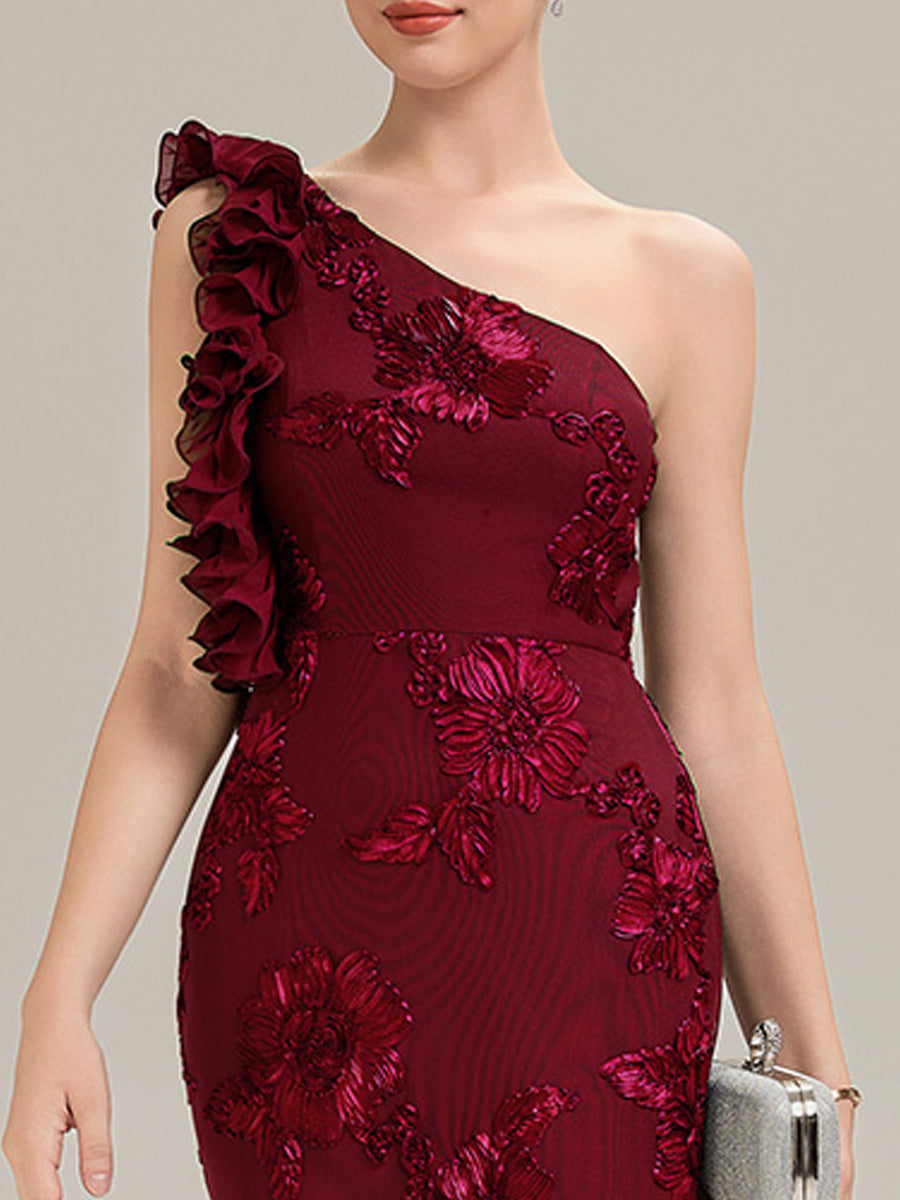 Color=Burgundy | Custom Made One Shoulder Sleeveless Floral Jacquard Fishtail Evening Dresses-Burgundy 3