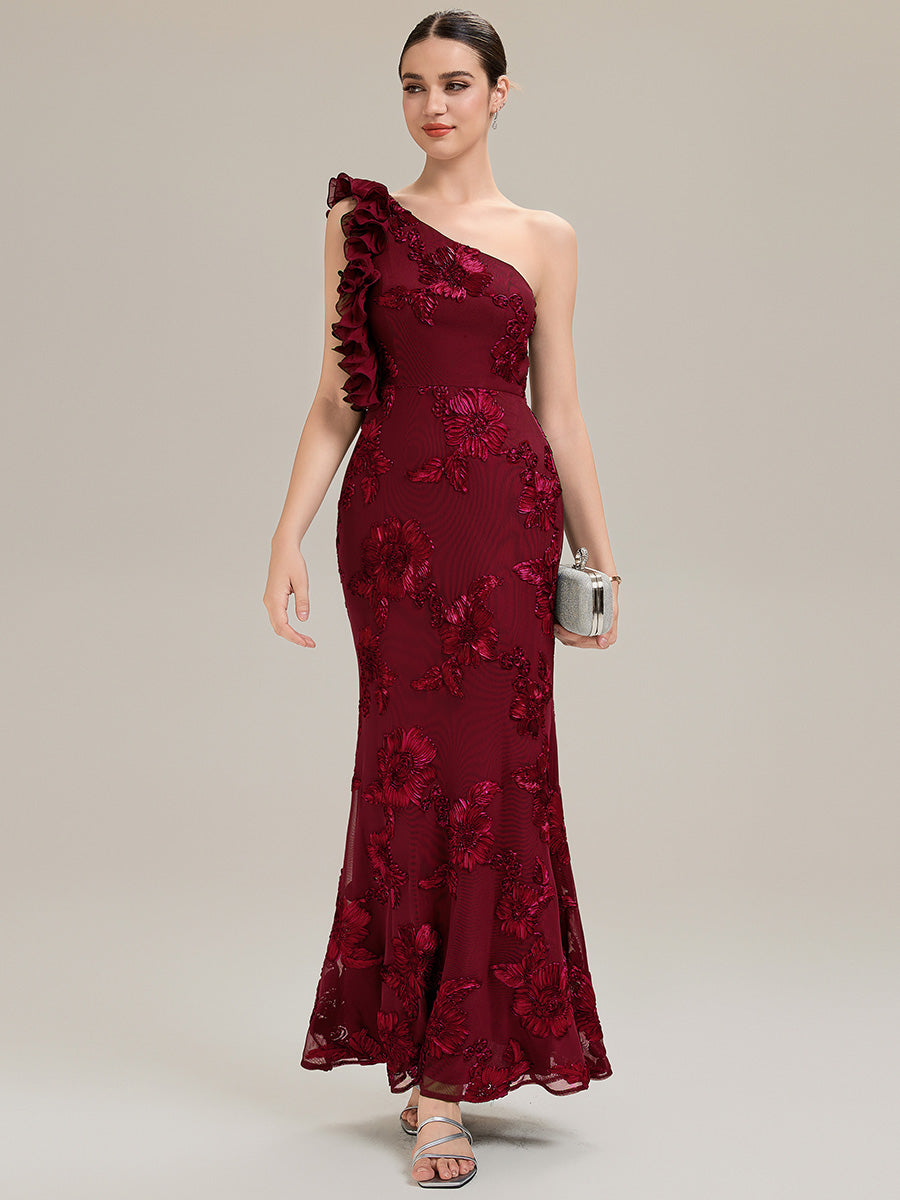 Color=Burgundy | Custom Made One Shoulder Sleeveless Floral Jacquard Fishtail Evening Dresses-Burgundy 1