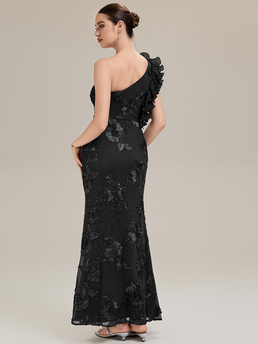 Color=Black | Custom Made One Shoulder Sleeveless Floral Jacquard Fishtail Evening Dresses-Black 5