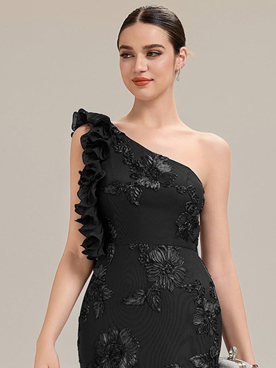 Color=Black | Custom Made One Shoulder Sleeveless Floral Jacquard Fishtail Evening Dresses-Black 6