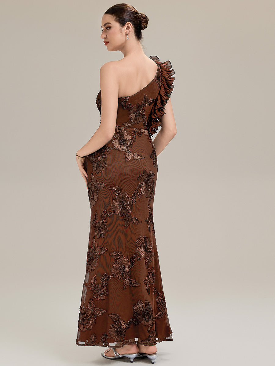 Color=Brown | Custom Made One Shoulder Sleeveless Floral Jacquard Fishtail Evening Dresses-Brown 8