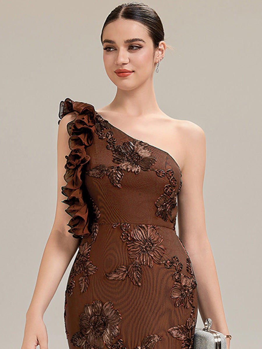 Color=Brown | Custom Made One Shoulder Sleeveless Floral Jacquard Fishtail Evening Dresses-Brown 9