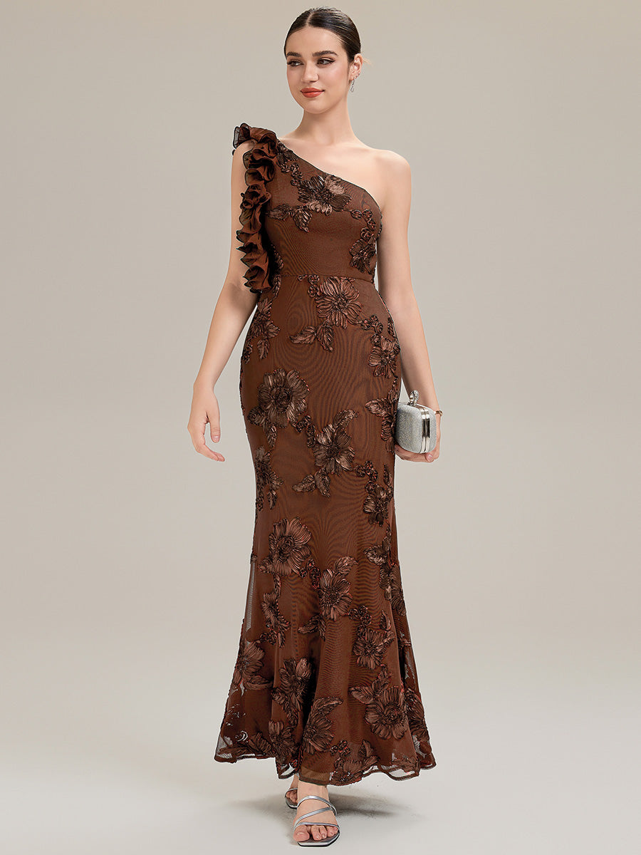 Color=Brown | Custom Made One Shoulder Sleeveless Floral Jacquard Fishtail Evening Dresses-Brown 7
