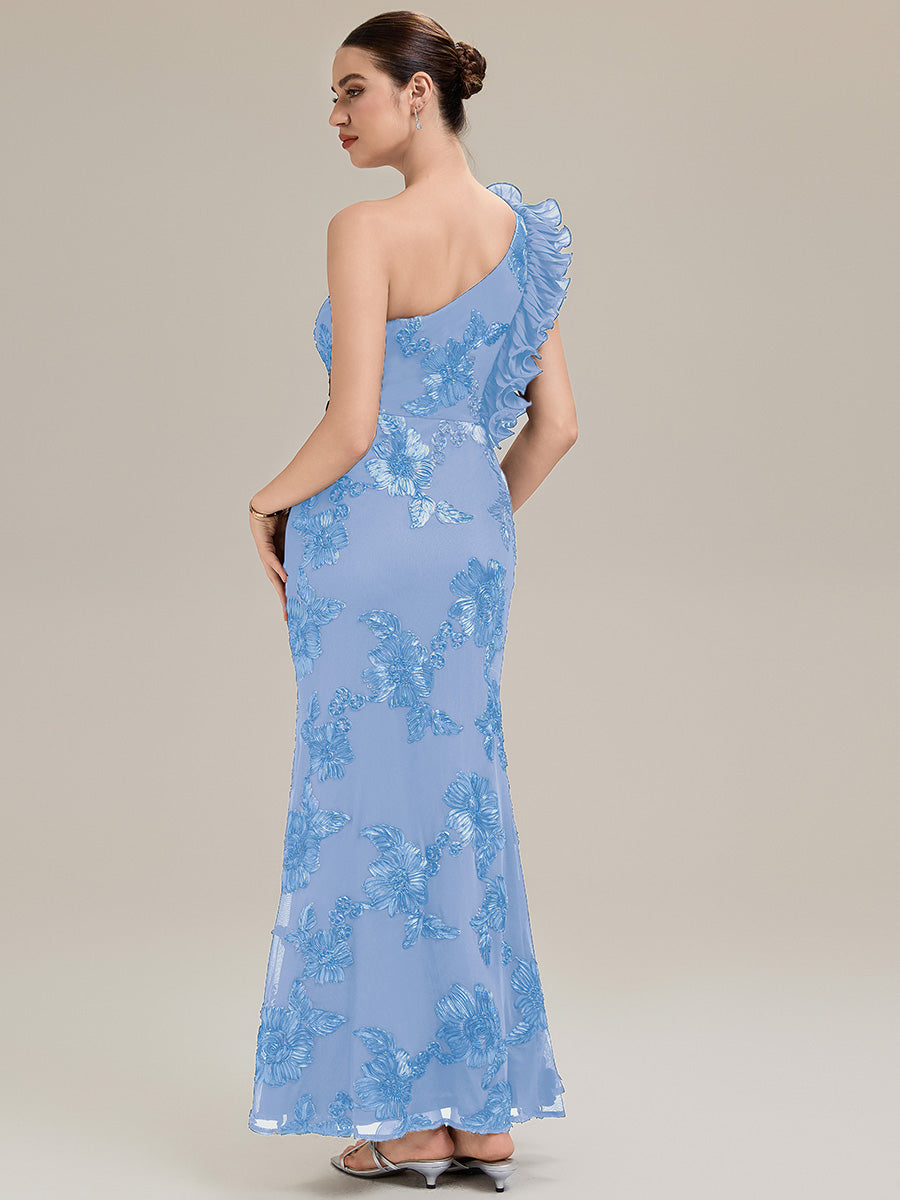 Color=Ice Blue | Custom Made One Shoulder Sleeveless Floral Jacquard Fishtail Evening Dresses-Ice Blue 11