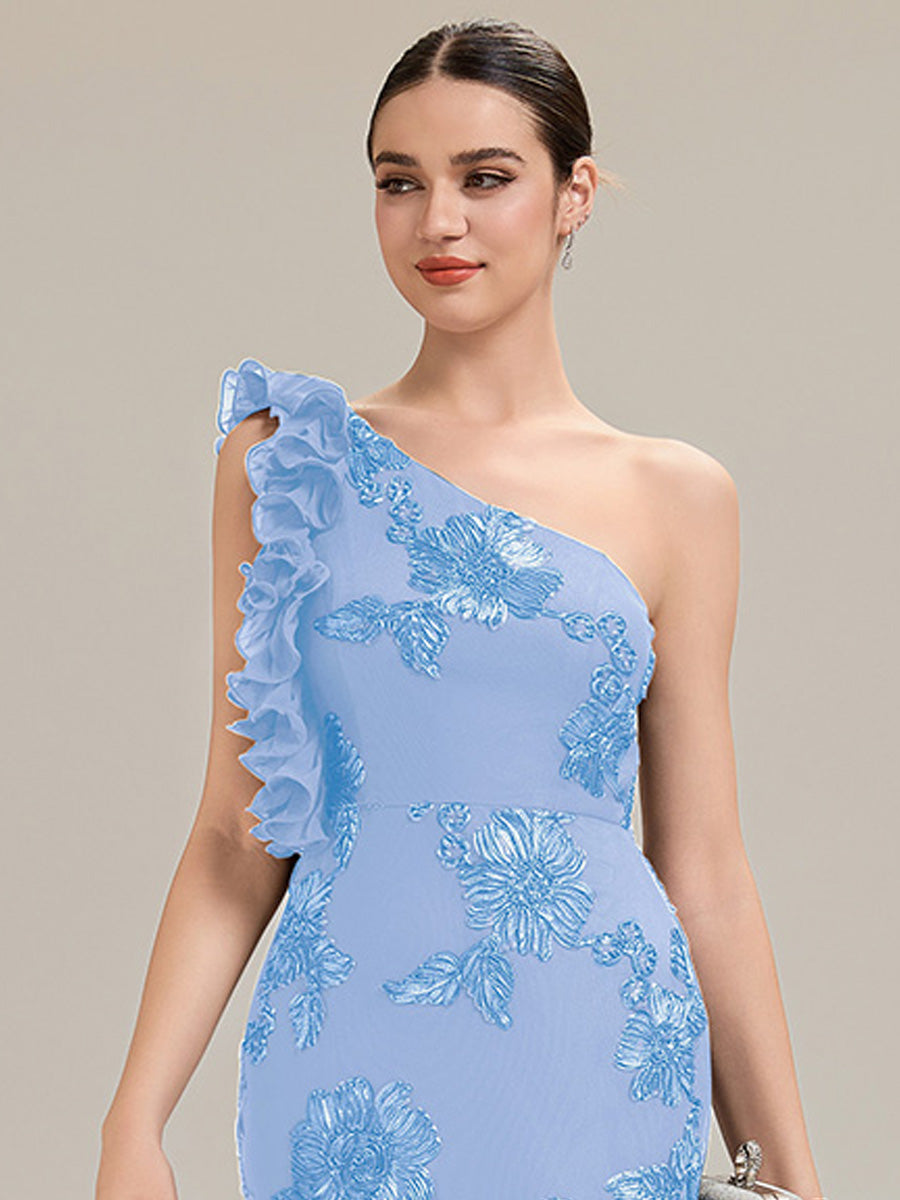 Color=Ice Blue | Custom Made One Shoulder Sleeveless Floral Jacquard Fishtail Evening Dresses-Ice Blue 12