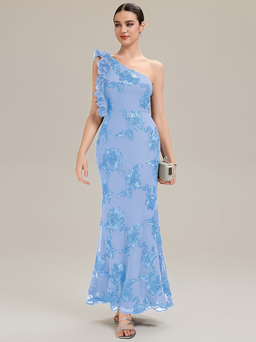Color=Ice Blue | Custom Made One Shoulder Sleeveless Floral Jacquard Fishtail Evening Dresses-Ice Blue 10