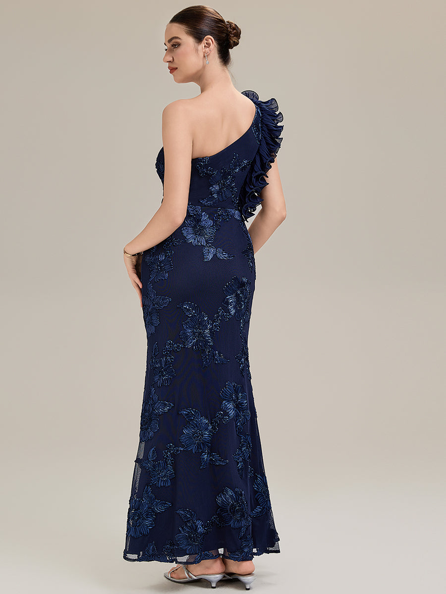 Color=Navy Blue | Custom Made One Shoulder Sleeveless Floral Jacquard Fishtail Evening Dresses-Navy Blue 14