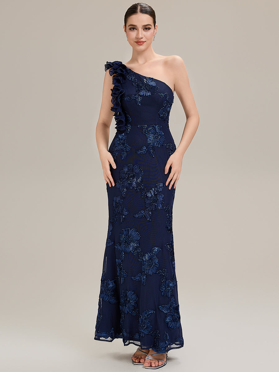 Color=Navy Blue | Custom Made One Shoulder Sleeveless Floral Jacquard Fishtail Evening Dresses-Navy Blue 16