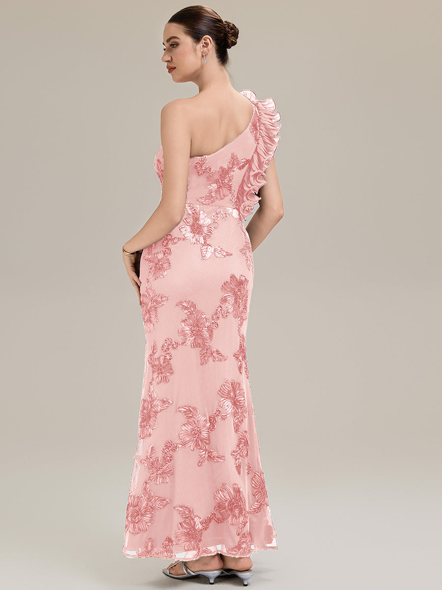Color=Pink | Custom Made One Shoulder Sleeveless Floral Jacquard Fishtail Evening Dresses-Pink 19