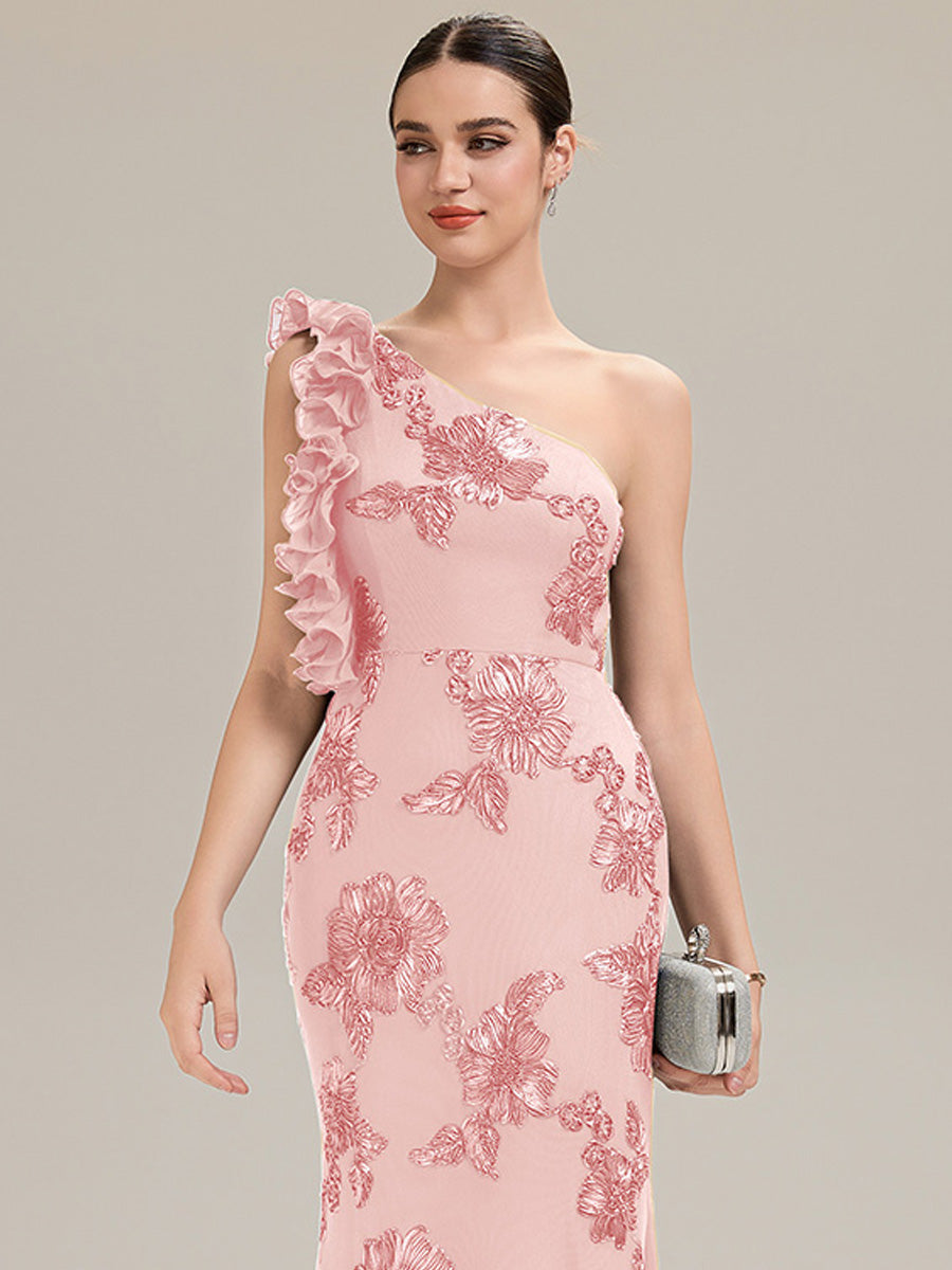 Color=Pink | Custom Made One Shoulder Sleeveless Floral Jacquard Fishtail Evening Dresses-Pink 20
