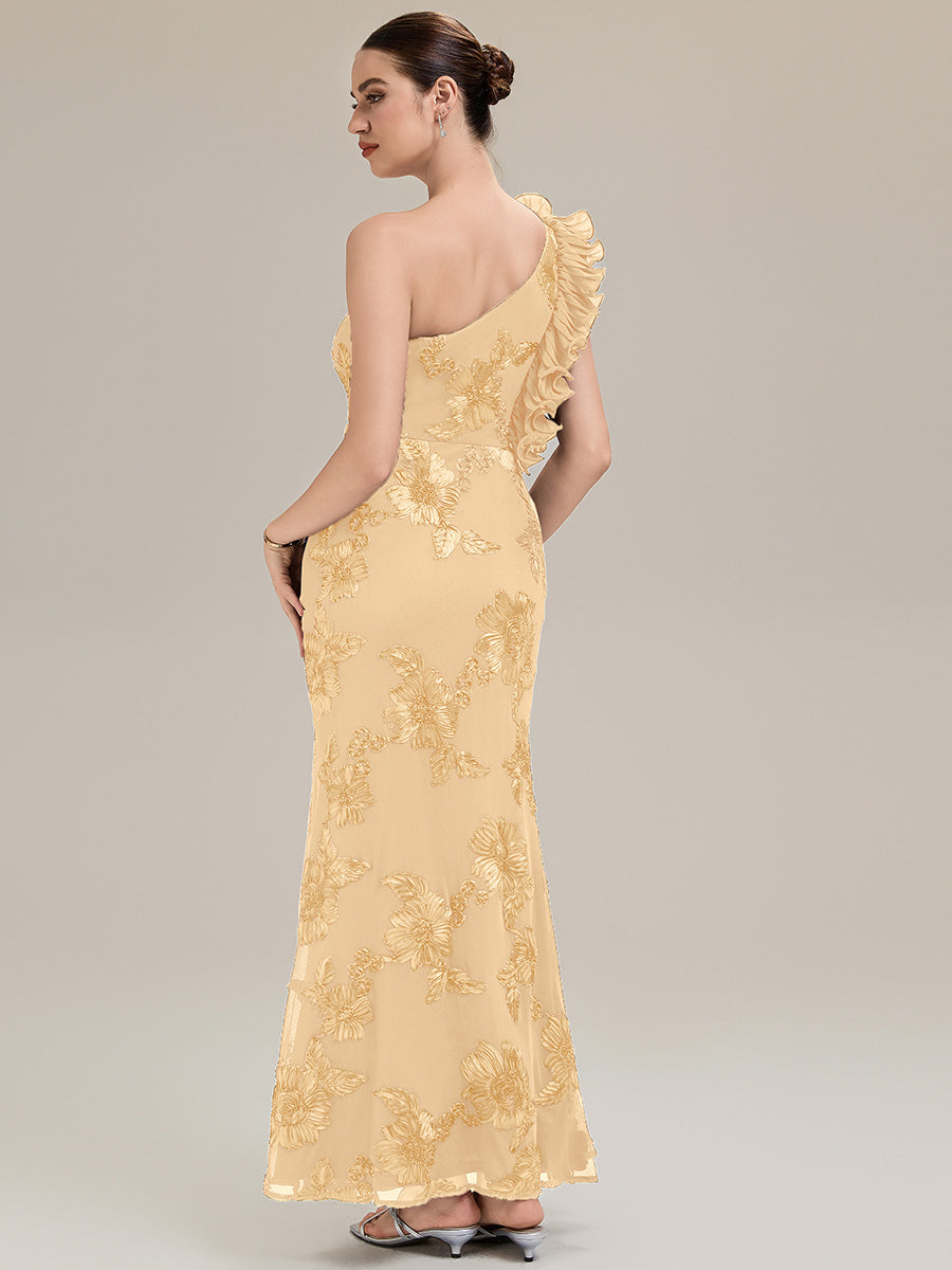 Color=Yellow | Custom Made One Shoulder Sleeveless Floral Jacquard Fishtail Evening Dresses-Yellow 22