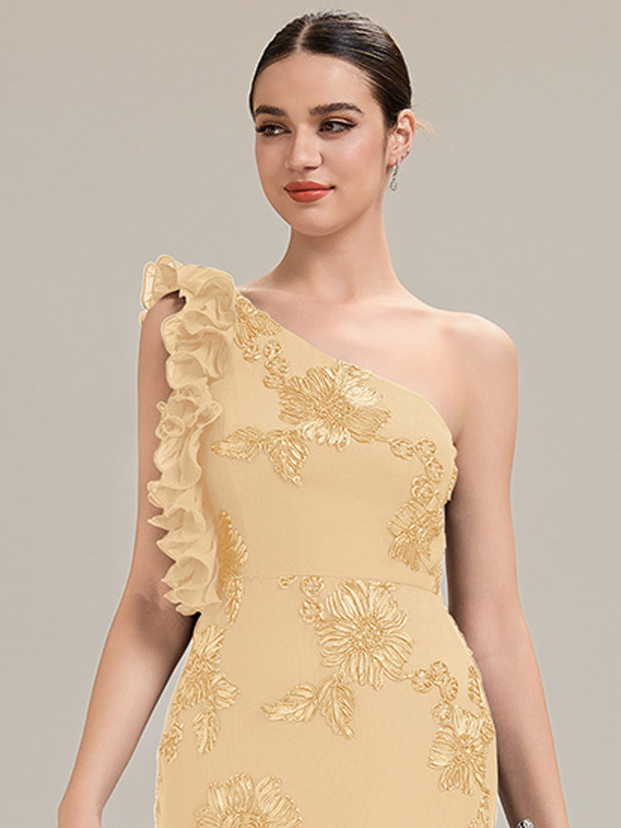 Color=Yellow | Custom Made One Shoulder Sleeveless Floral Jacquard Fishtail Evening Dresses-Yellow 23
