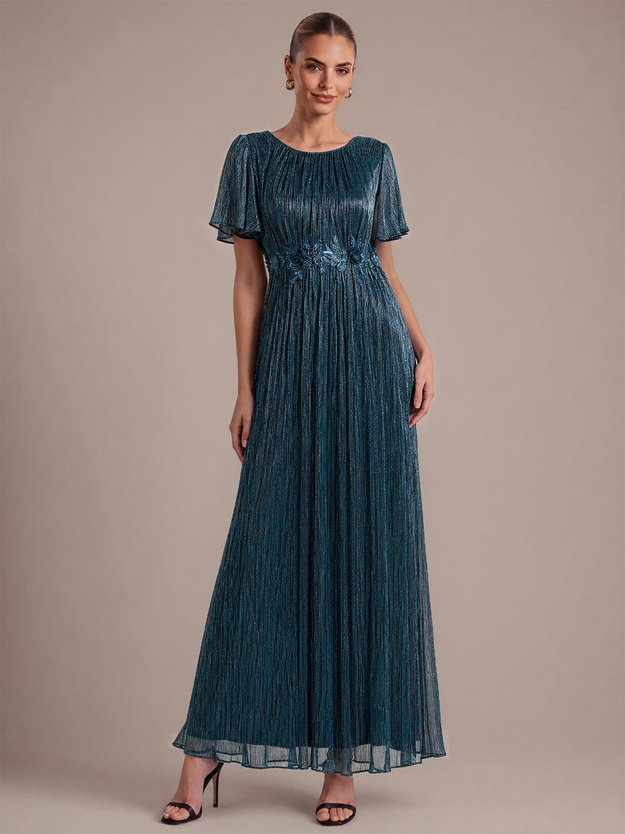 Color=Teal Blue | Preorder Style Cap Sleeve Ruffle Maxi Length Evening Dresses - Teal Blue 1