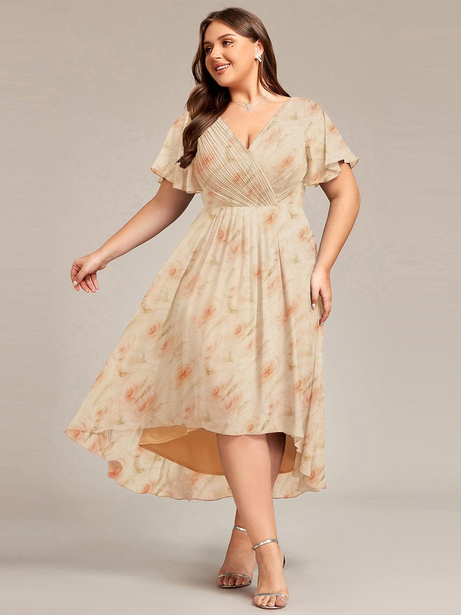 ever FAYE|Floral V Neck High-Low Short Sleeve Wedding Guest Dress #color_Golden Roses