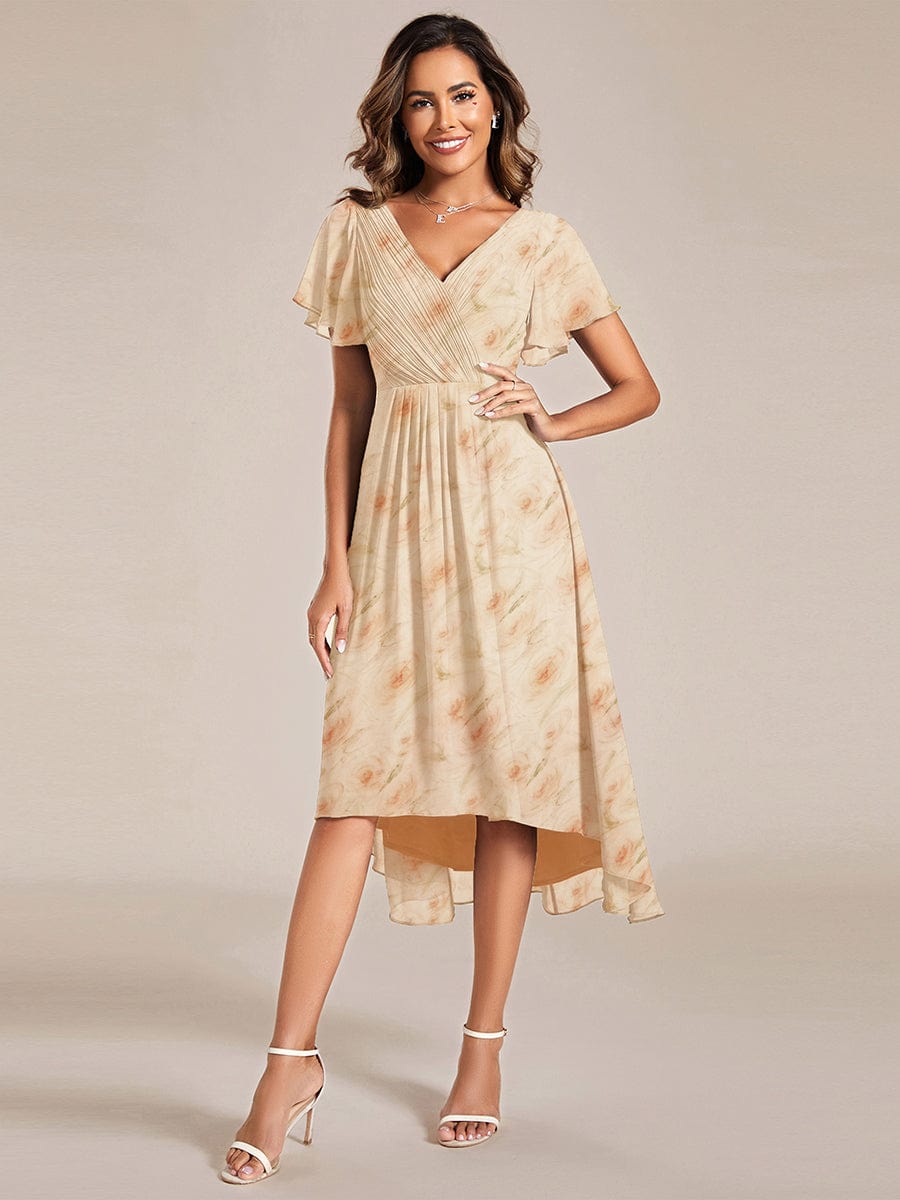 ever FAYE|Floral V Neck High-Low Short Sleeve Wedding Guest Dress #color_Golden Roses
