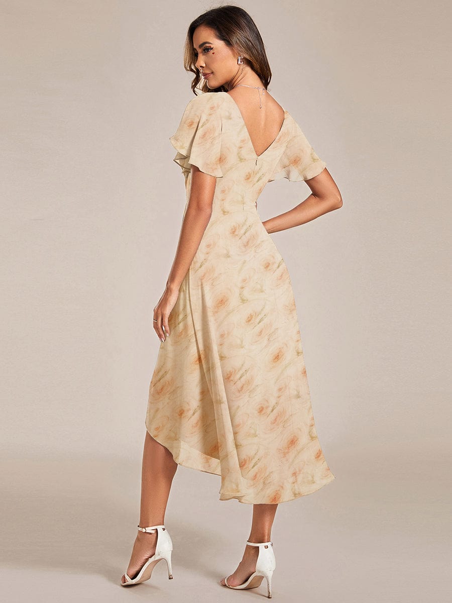 ever FAYE|Floral V Neck High-Low Short Sleeve Wedding Guest Dress #color_Golden Roses