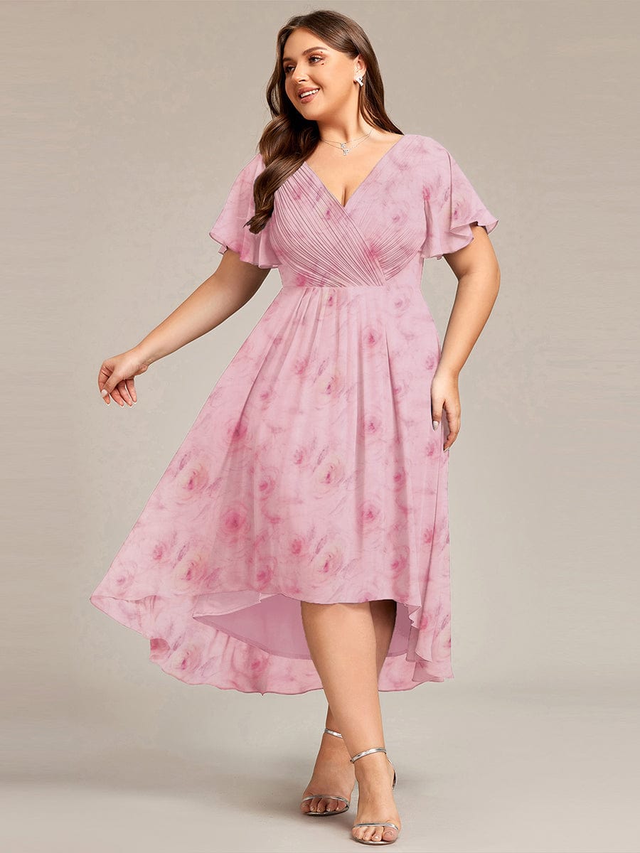 ever FAYE|Floral V Neck High-Low Short Sleeve Wedding Guest Dress #color_Light Purple Roses