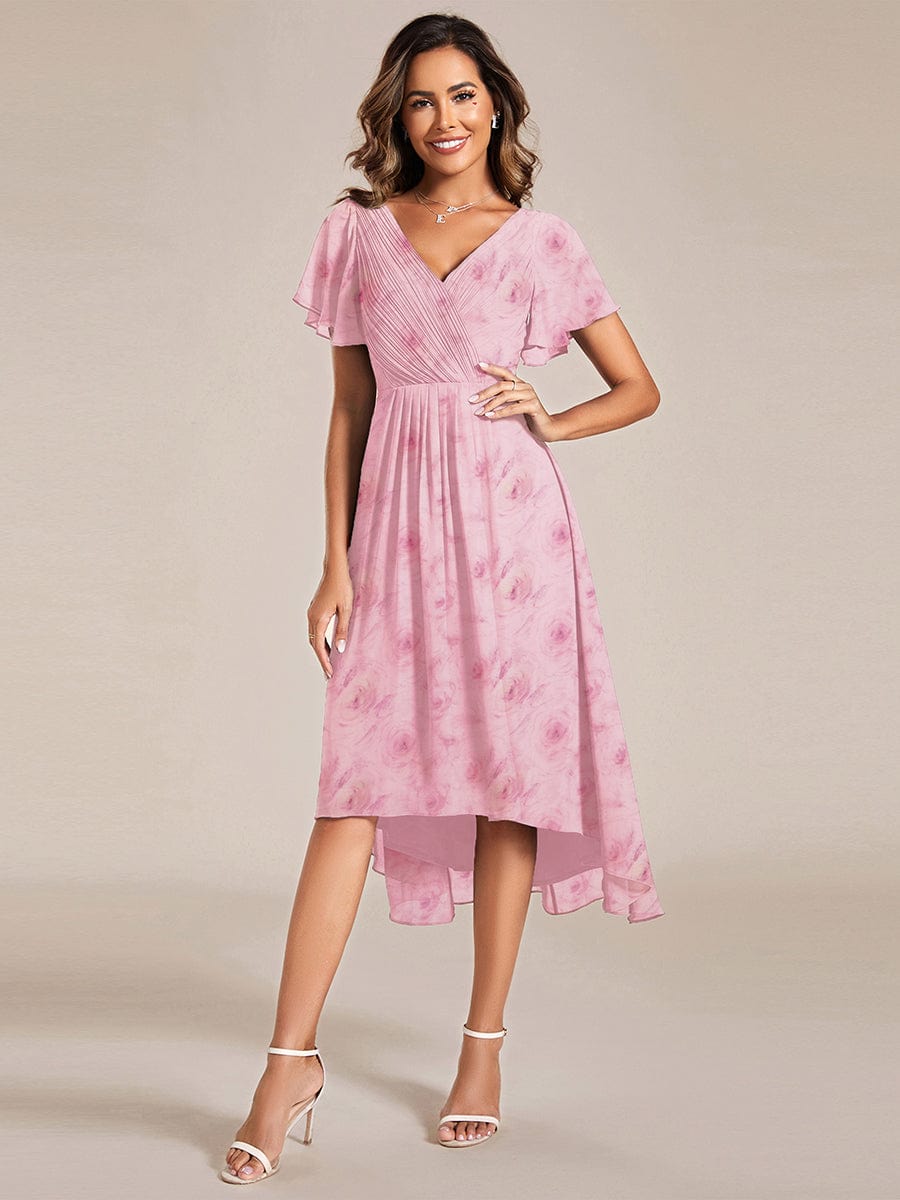 ever FAYE|Floral V Neck High-Low Short Sleeve Wedding Guest Dress #color_Light Purple Roses