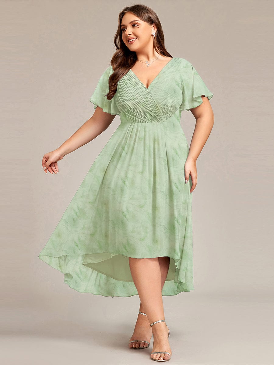 ever FAYE|Floral V Neck High-Low Short Sleeve Wedding Guest Dress #color_Light Green Roses