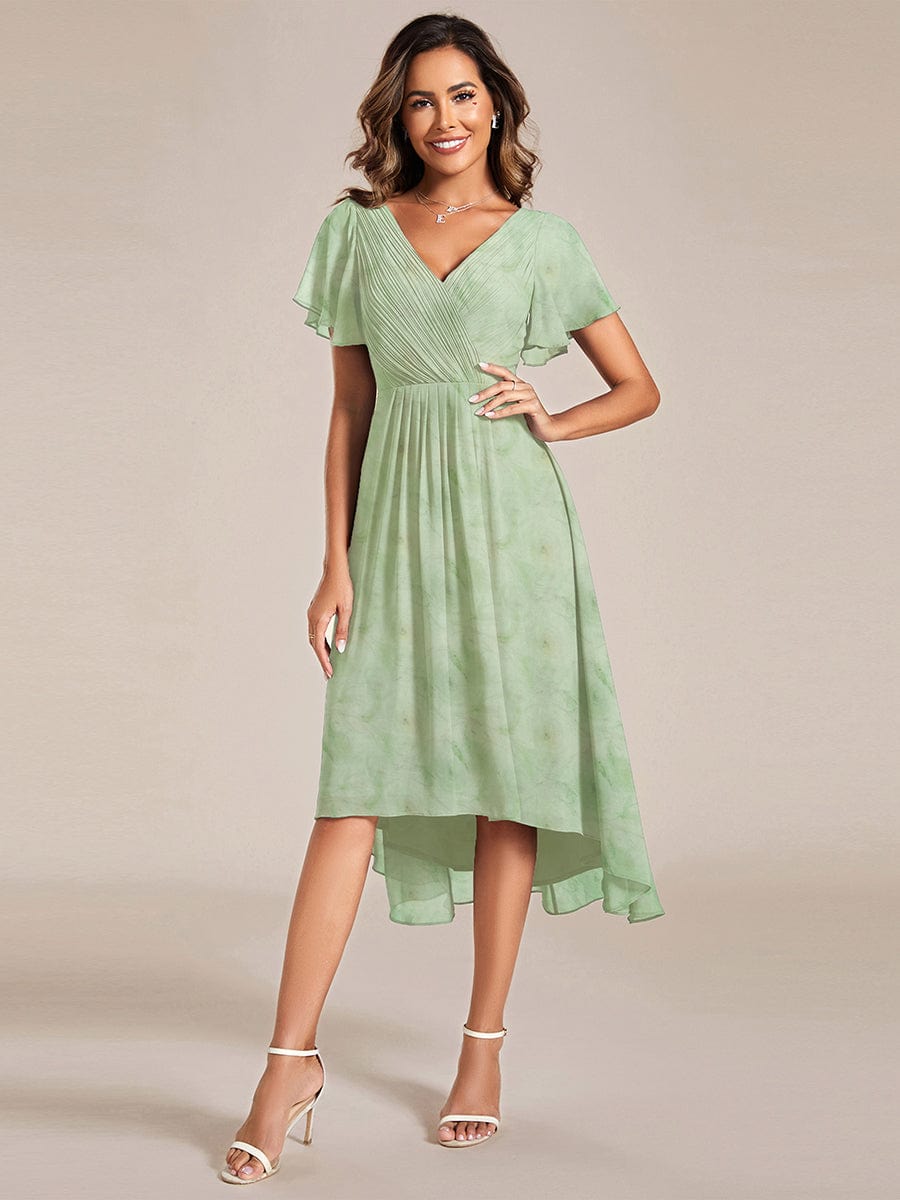 ever FAYE|Floral V Neck High-Low Short Sleeve Wedding Guest Dress #color_Light Green Roses