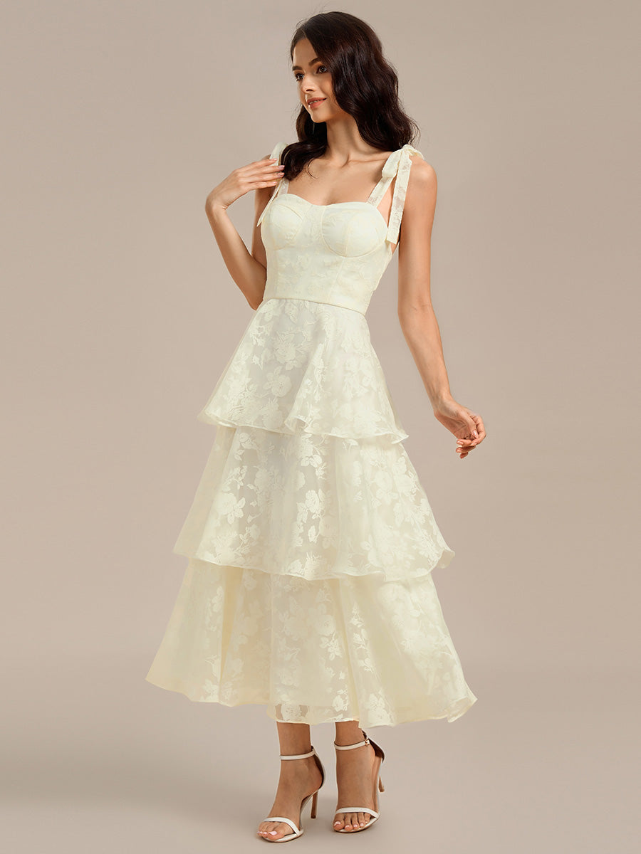 Bow Straps Floral Lace Tiered Wedding Guest Dresses #color_Yellow