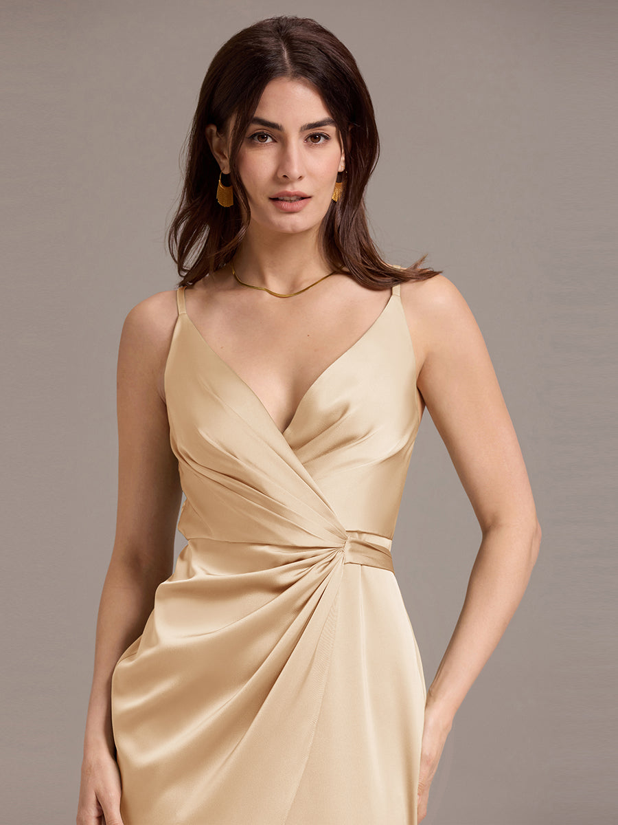 Color=Champagne | Custom Solutions Sleeveless V-Neck Non-Stretch Wrap Midi Dress with Tie Knot | Wedding Guest Dresses-Champagne 13