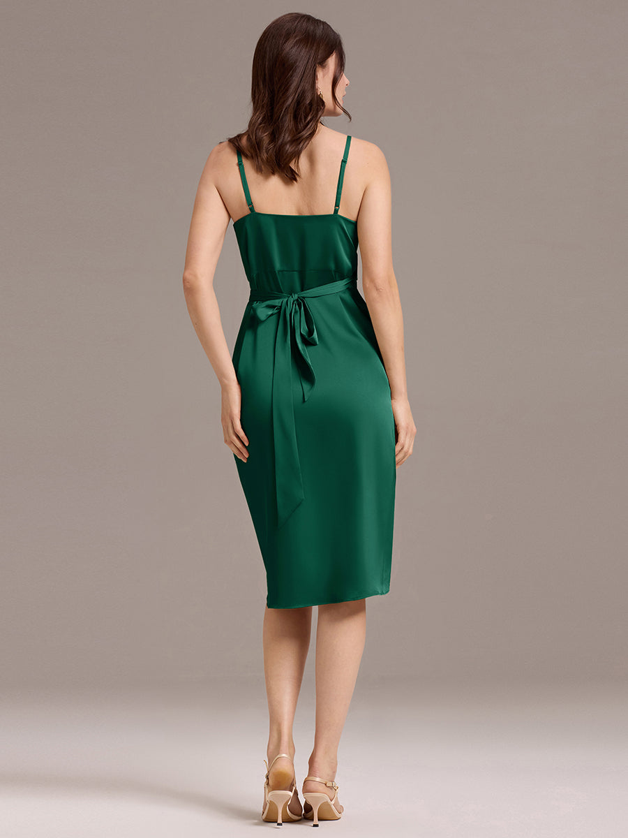 Color=Dark Green | Custom Solutions Sleeveless V-Neck Non-Stretch Wrap Midi Dress with Tie Knot | Wedding Guest Dresses-Dark Green 17