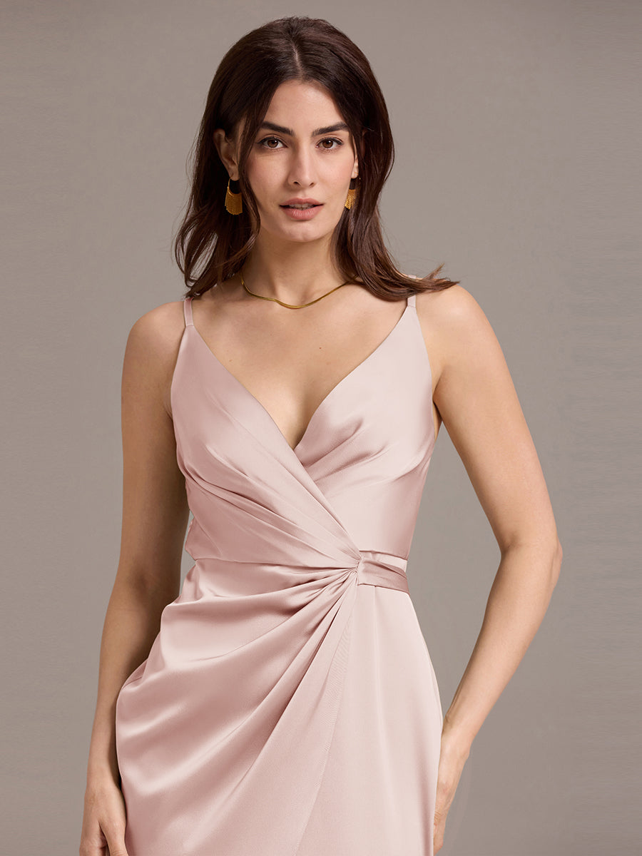 Color=Pink | Custom Solutions Sleeveless V-Neck Non-Stretch Wrap Midi Dress with Tie Knot | Wedding Guest Dresses-Pink 23