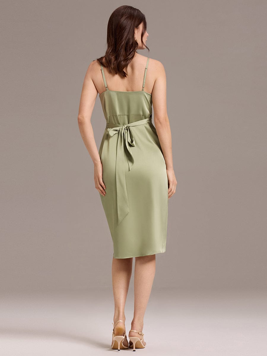 Color=Sage Green | Custom Solutions Sleeveless V-Neck Non-Stretch Wrap Midi Dress with Tie Knot | Wedding Guest Dresses-Sage Green 2