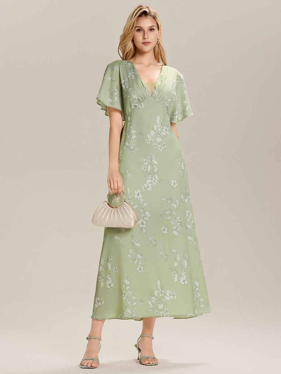 Color=Vintage Primrose Celadon | Custom Solutions Short Sleeves Floral Deep V-Neck Sheath Maxi Wedding Guest Dresses-Vintage Primrose Celadon 5