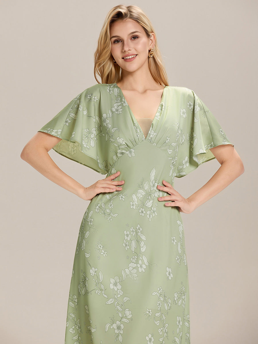 Color=Vintage Primrose Celadon | Custom Solutions Short Sleeves Floral Deep V-Neck Sheath Maxi Wedding Guest Dresses-Vintage Primrose Celadon 3