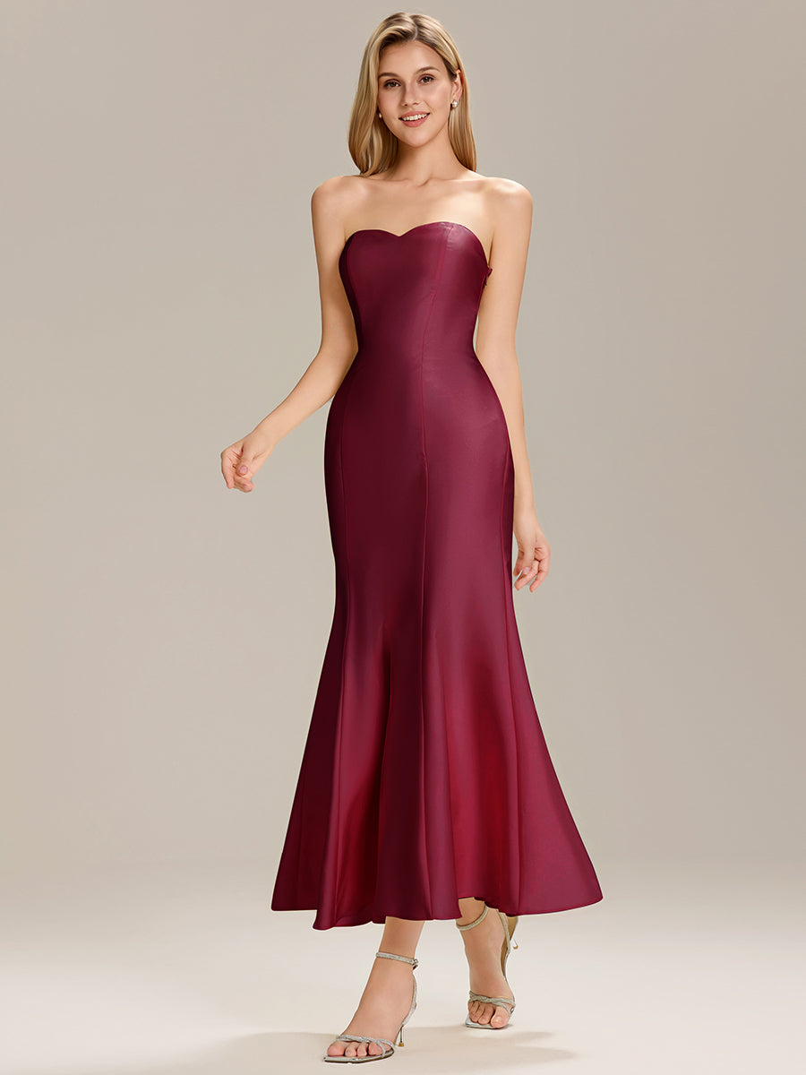 Color=Burgundy | Custom Solutions Strapless Fishtail High Stretch Maxi Wedding Guest Dress-Burgundy 1