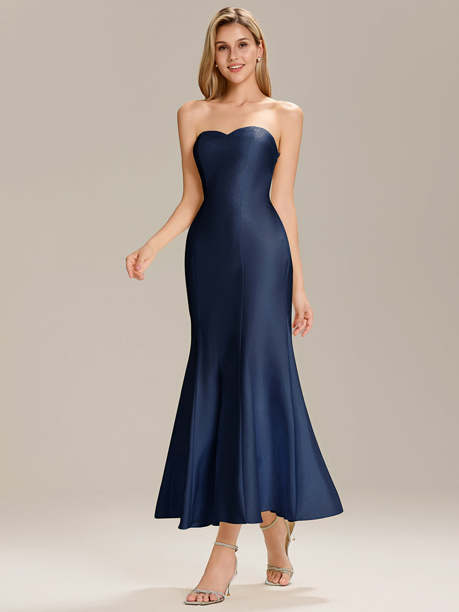 Color=Navy Blue | Custom Solutions Strapless Fishtail High Stretch Maxi Wedding Guest Dress-Navy Blue 7