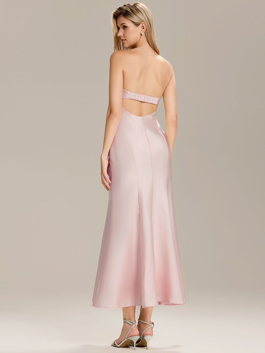 Color=Pink | Custom Solutions Strapless Fishtail High Stretch Maxi Wedding Guest Dress-Pink 10