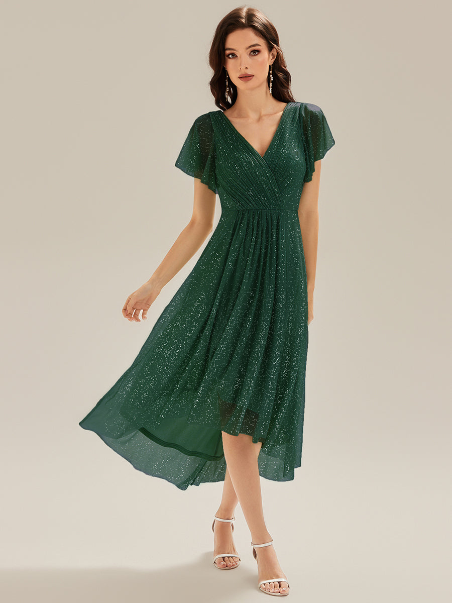 Color=Dark Green | Custom Made Short Sleeve Ruffle V-Neck Pleated Glitter A-Line High-Low Wedding Guest Dresses-Dark Green 1