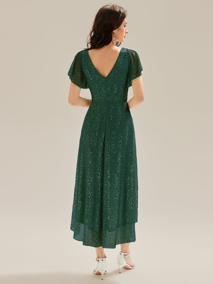 Color=Dark Green | Custom Made Short Sleeve Ruffle V-Neck Pleated Glitter A-Line High-Low Wedding Guest Dresses-Dark Green 2