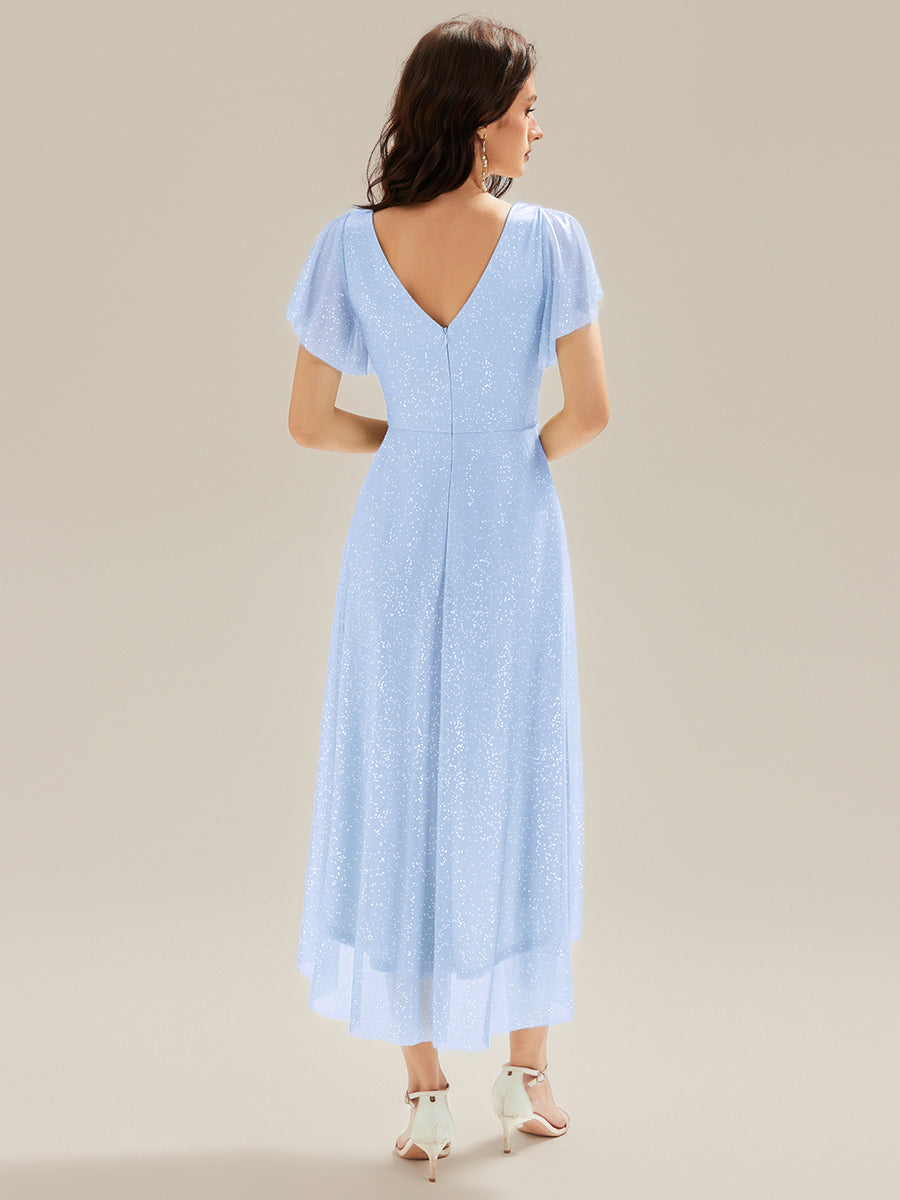 Color=Ice Blue | Custom Made Short Sleeve Ruffle V-Neck Pleated Glitter A-Line High-Low Wedding Guest Dresses-Ice Blue 5