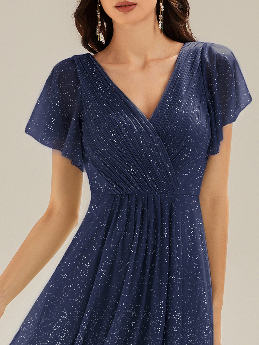 Color=Navy Blue | Custom Made Short Sleeve Ruffle V-Neck Pleated Glitter A-Line High-Low Wedding Guest Dresses-Navy Blue 14