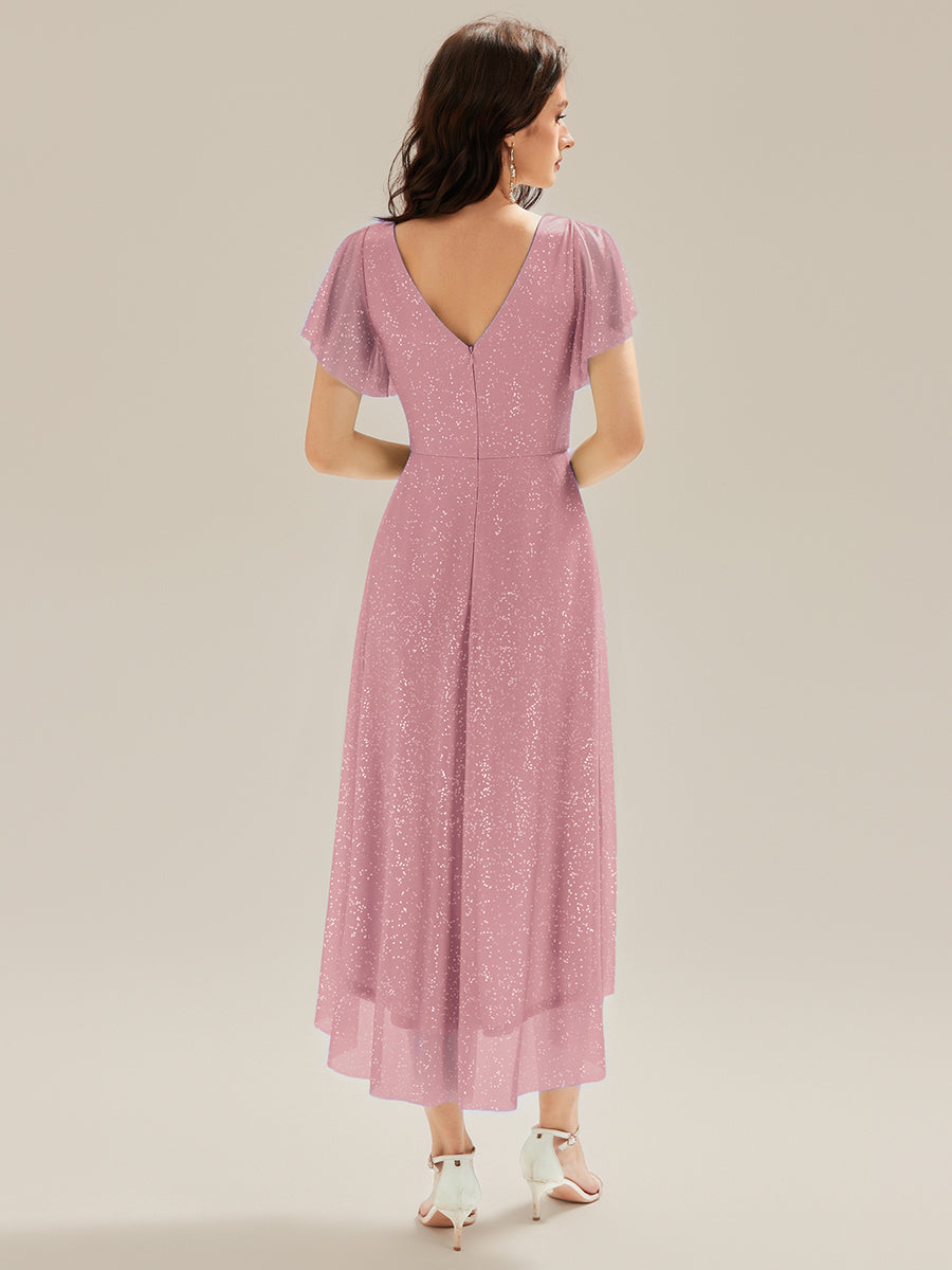 Color=Purple Orchid | Custom Made Short Sleeve Ruffle V-Neck Pleated Glitter A-Line High-Low Wedding Guest Dresses-Purple Orchid 16