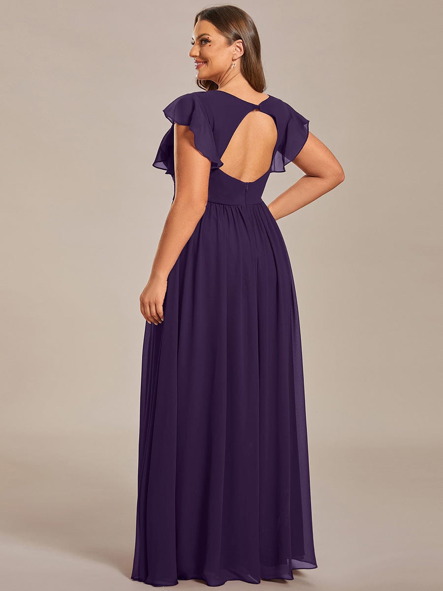 ever LILYANA|Floral V-Neck Open Back Ruffled Sleeves Chiffon Bridesmaid Dress #color_Dark Purple