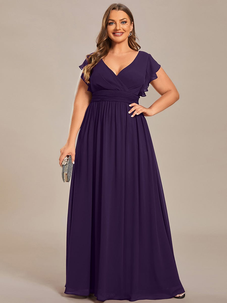 ever LILYANA|Floral V-Neck Open Back Ruffled Sleeves Chiffon Bridesmaid Dress #color_Dark Purple