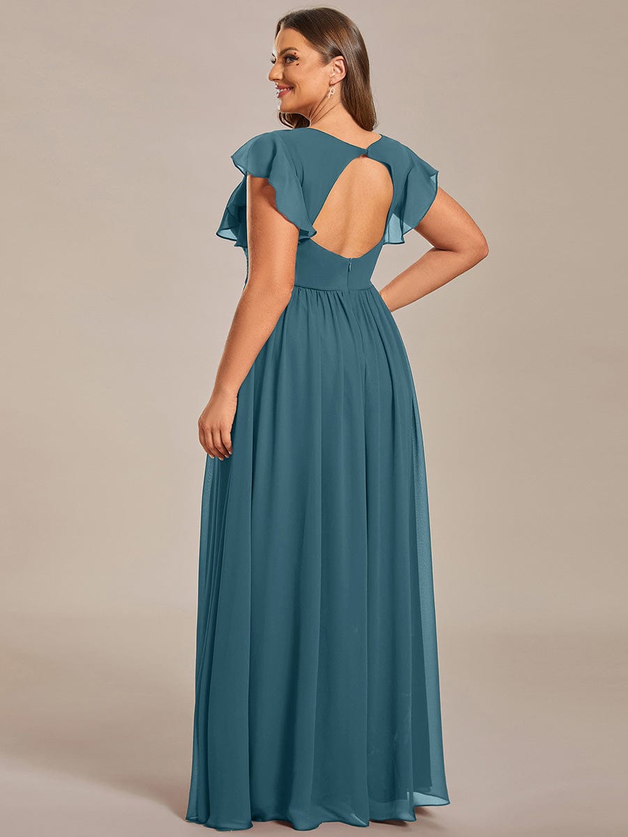 ever LILYANA|Floral V-Neck Open Back Ruffled Sleeves Chiffon Bridesmaid Dress #color_Teal