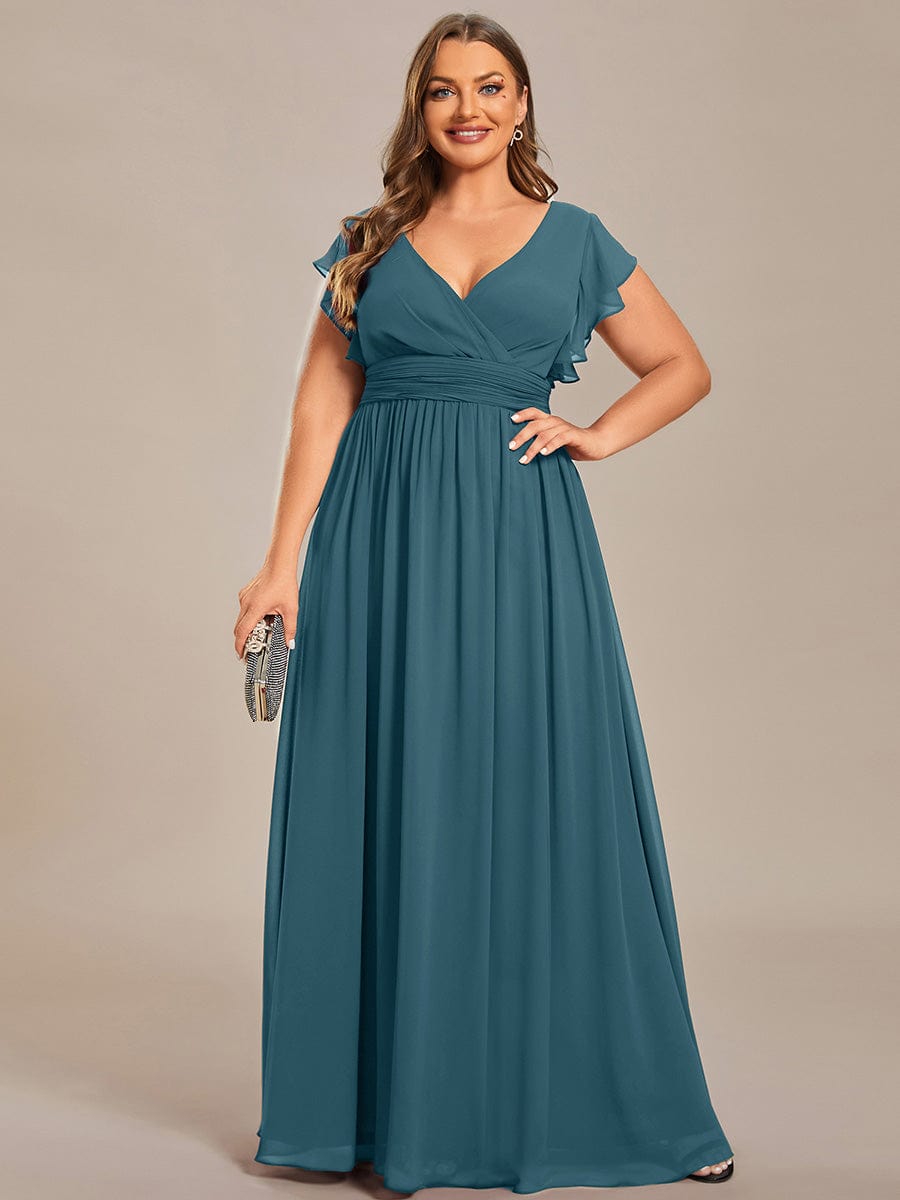 ever LILYANA|Floral V-Neck Open Back Ruffled Sleeves Chiffon Bridesmaid Dress #color_Teal