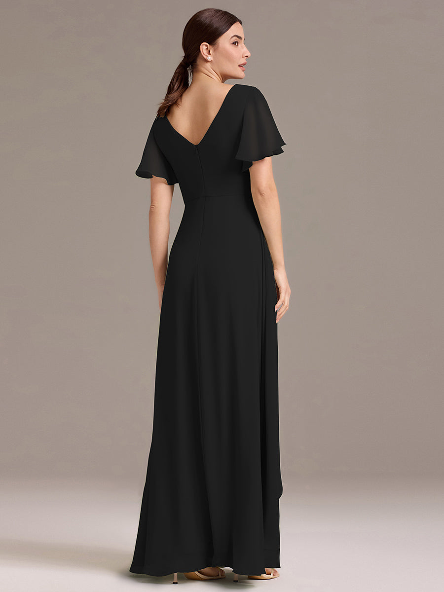 Chiffon Double V-Neck A-Line Ruffled Sleeves Bridesmaid Dress with Asymmetrical Hem #color_Black