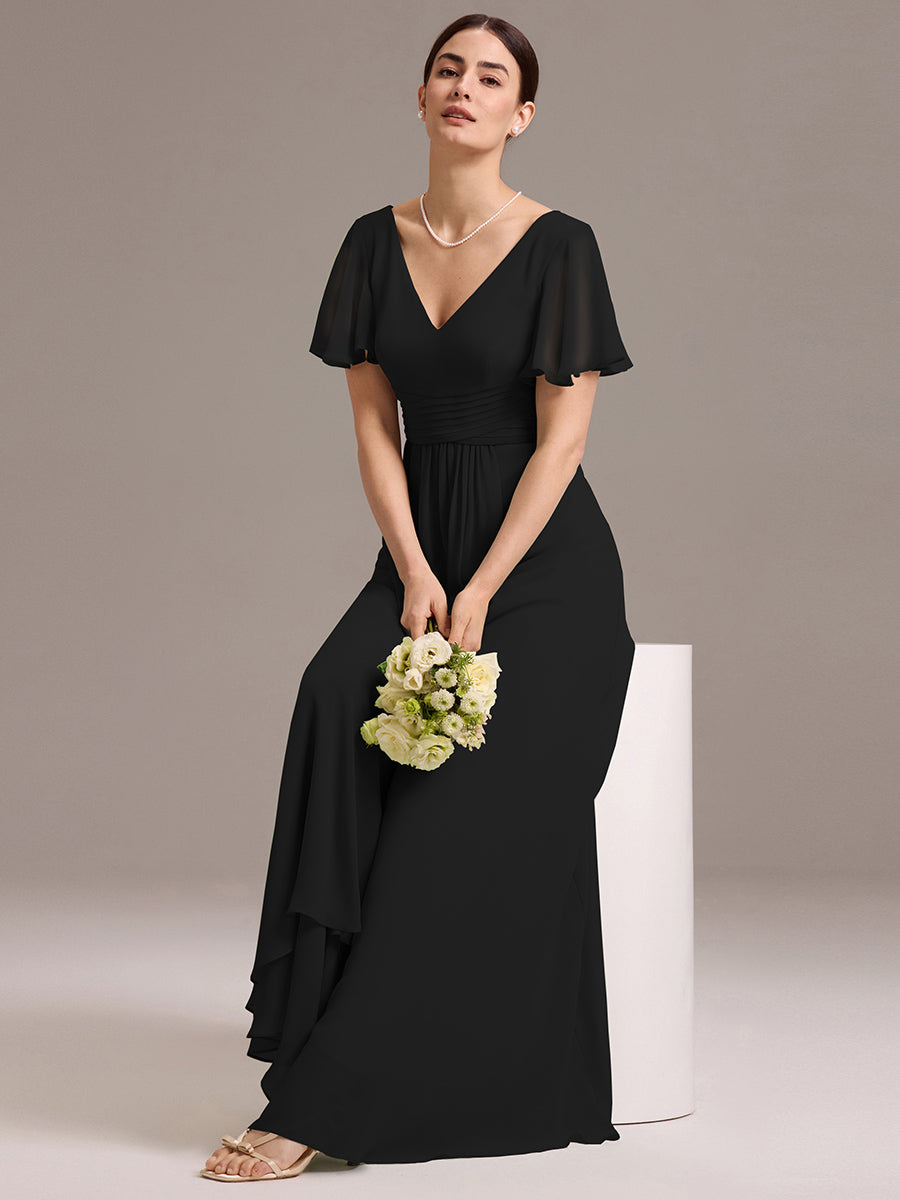 Chiffon Double V-Neck A-Line Ruffled Sleeves Bridesmaid Dress with Asymmetrical Hem #color_Black