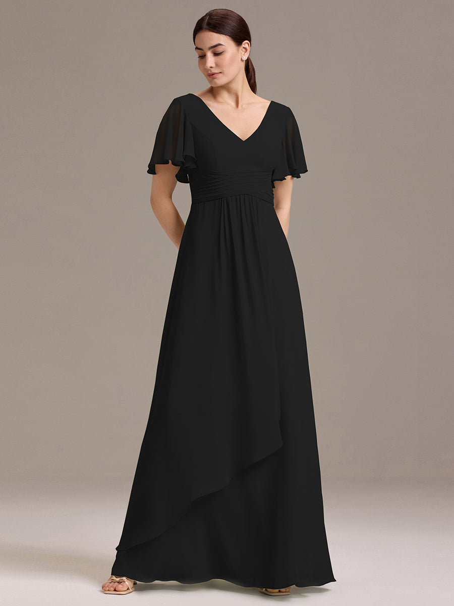Chiffon Double V-Neck A-Line Ruffled Sleeves Bridesmaid Dress with Asymmetrical Hem #color_Black